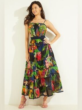 Guess Kinsley Tiered Vibrant Floral Tie Straps Maxi Dress Sz XS